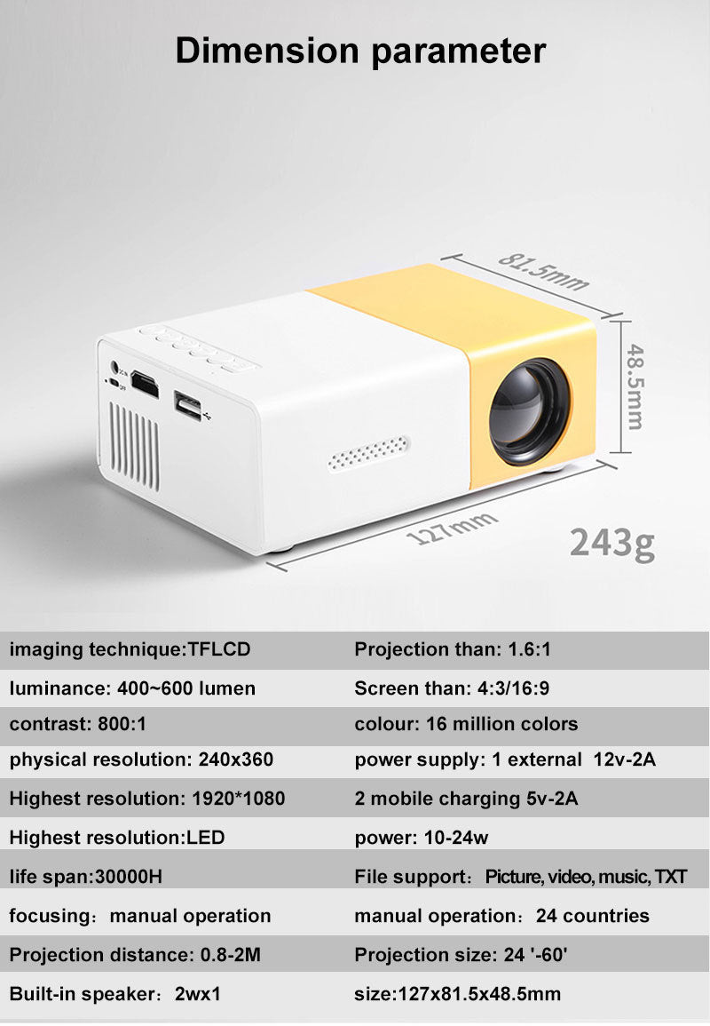 YG300 Mini Projector – Portable Full HD 720P, WiFi Smart, LED Home Theater